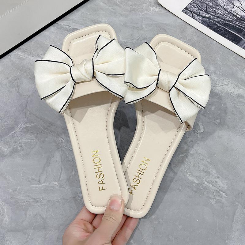 Fashion Aphixta Butterfly Knot Summer Beach Shoes Flat With Heel Slippers Women Sweet Bow Mulers Outside Sandals Square Toe Slipper