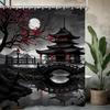 Japanische Schwarz-Rot Duschvorhang-Sets Für Badezimmer Anime Vollmond Duschvorhang Kirschblüten-Tempel Badewannen-Vorhang Rot