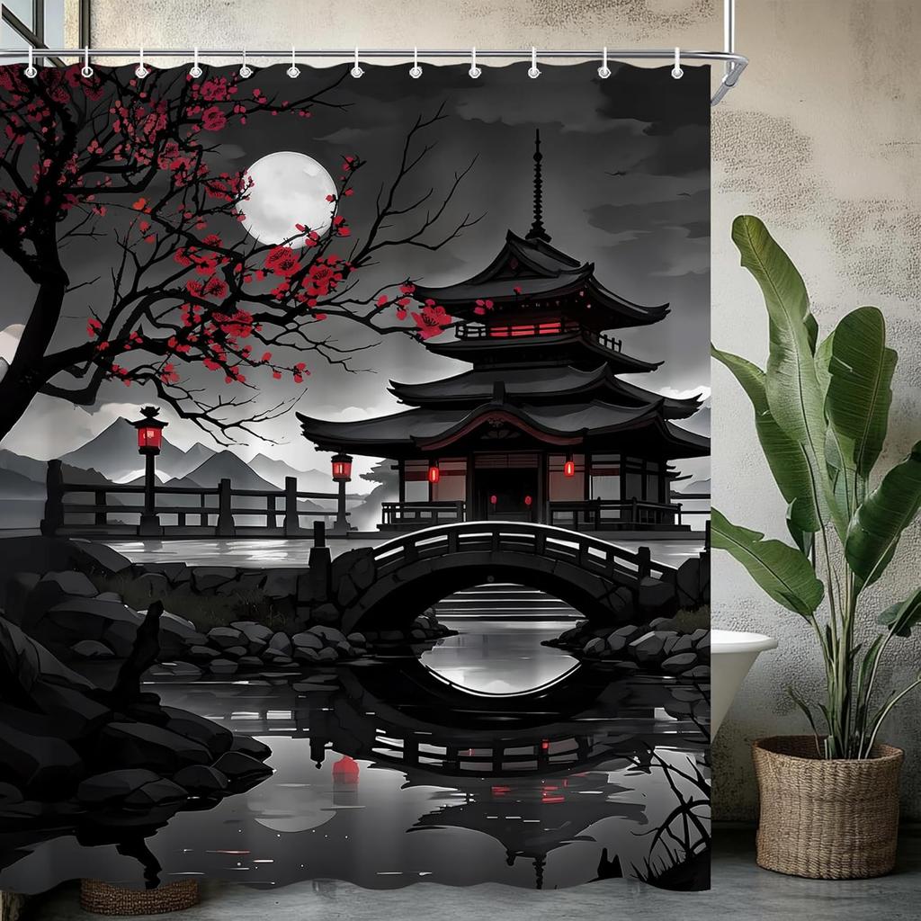 Japanische Schwarz-Rot Duschvorhang-Sets Für Badezimmer Anime Vollmond Duschvorhang Kirschblüten-Tempel Badewannen-Vorhang Rot
