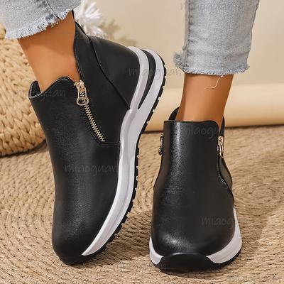Black PU Leather Platform Sneakers for Women Double Zipper High Top Sports Shoes Woman Thick Sole Non Slip Short Boots