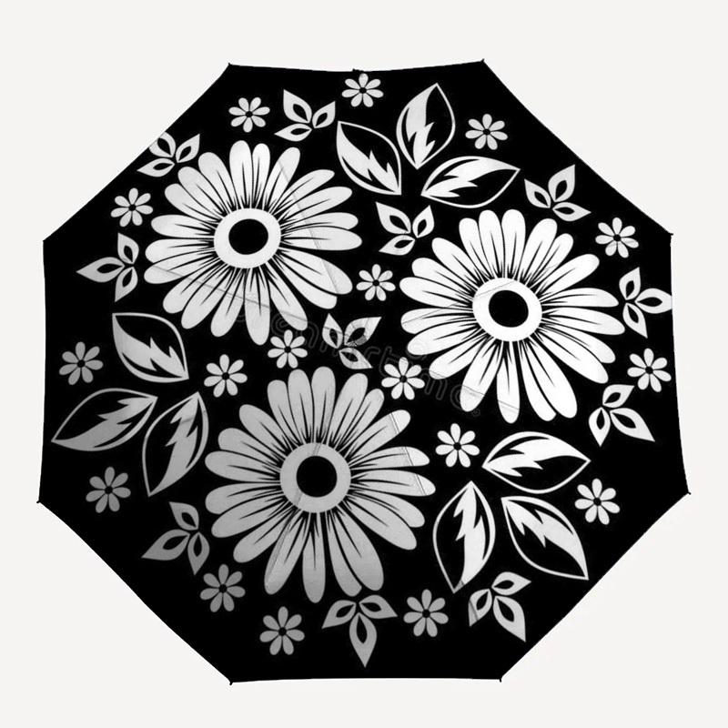 

1pc Black and white floral pattern. Umbrella with Plastic Handle,Compact & Stylish,Suitable for All Seasons YS331035