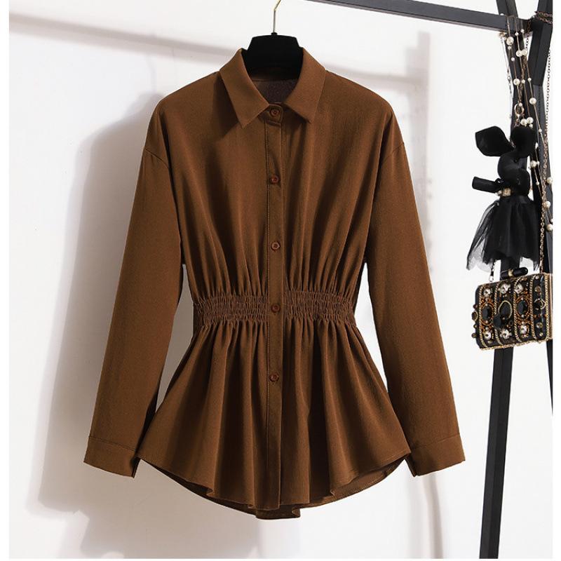 

Women s Plus Size Blouse Korean Style Spring Autumn Loose Elegant Casual Mid-length Tops Long Sleeved Waist Cinching Shirts 3XL