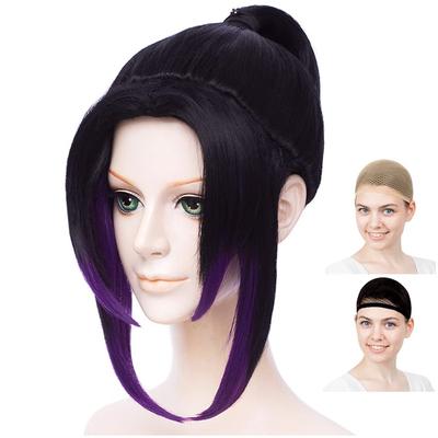 CaseEden Cosplay Wig, Updo, Ponytail, Heat-Resistant, Black Hair, Black and Purple, Set of 2 Wig Nets