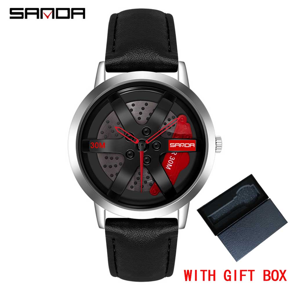 Regarder SANDA Mens Watch Rim Hub Watch Wheel Wristwatch Clock Sport Car Creative 360° Spinning Men Wrist Watch Reloj de hombre