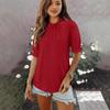 New Women's Solid Color Button Crew Neck Medium Sleeve Pleated Top