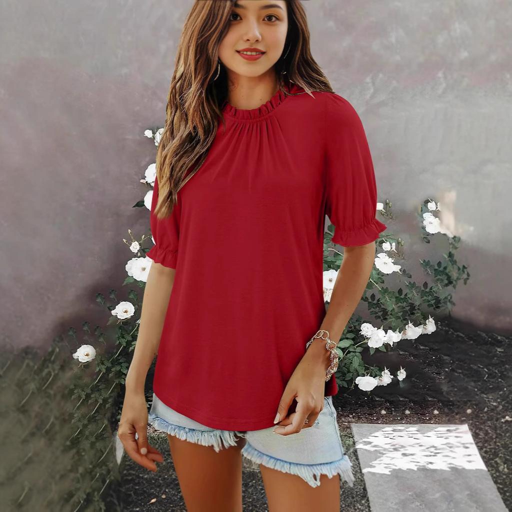 New Women's Solid Color Button Crew Neck Medium Sleeve Pleated Top
