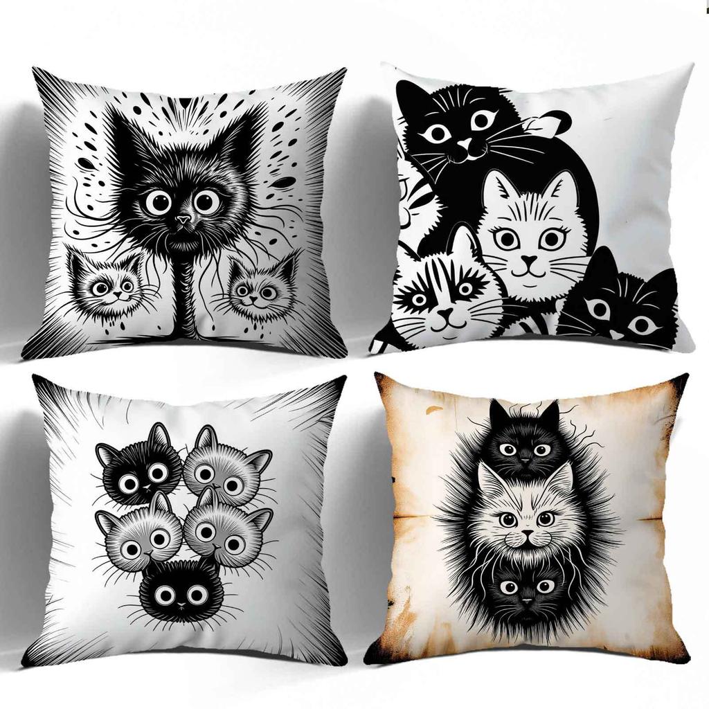 Black And White Illustration Of A Cat Printing Pillow Cover Short Plush Suitable Living Rooms Bedrooms Sofas Throw Cushion Cover