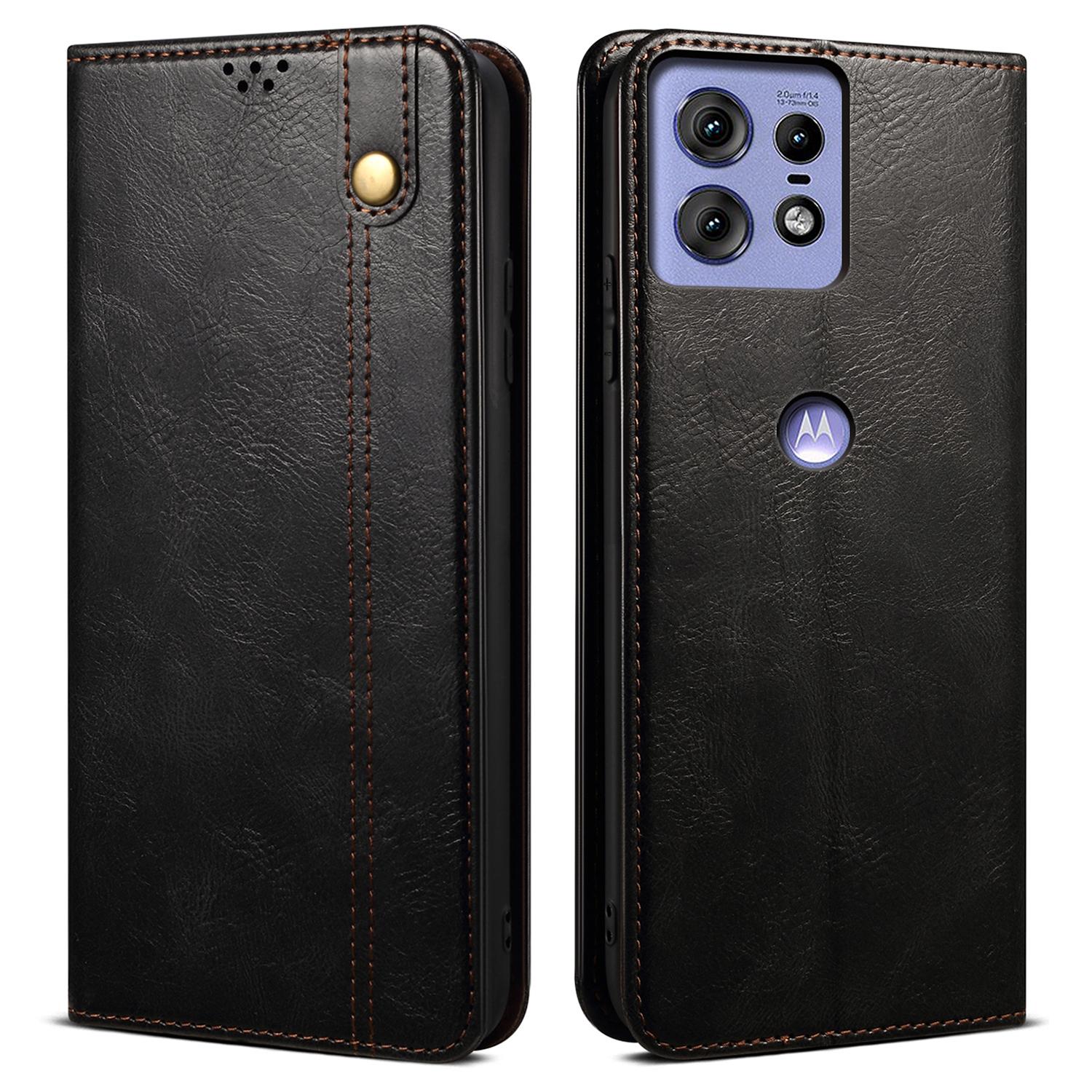 

For Motorola Edge 50 Pro 5G Case Waxy Crazy Horse Leather Wallet Phone Cover Black