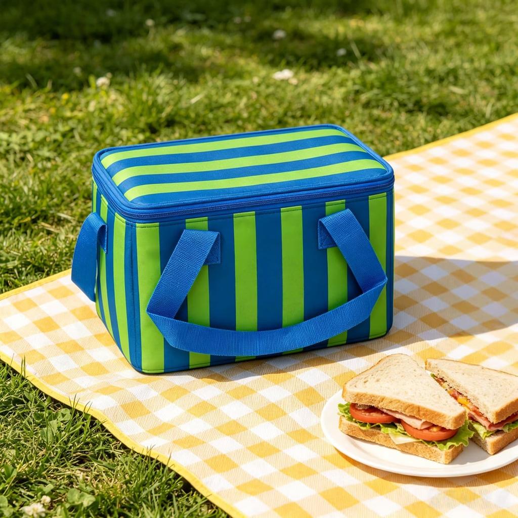 Striped Picnic Tote Bag Insulated Lunch Cooler Bag Portable Handheld Thermal Storage Bag for Outdoor Activities Beach Camping