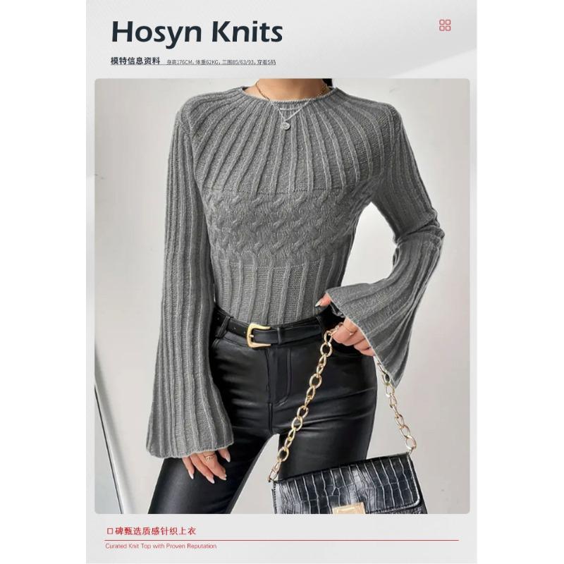 Women S Knit Sweater Pullover Round Neck Flare Sleeve Solid Color Casual Top
