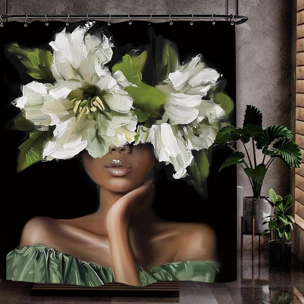 African American Olive Green Shower Curtain Black Girl Flower Oil Painting Art Bathroom Accessories Decoration with 12 Hooks