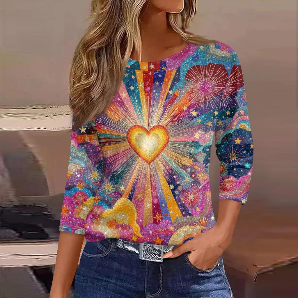 Damen Modisches Lässiges Dreiviertelarm Bedrucktes Rundhals-Top