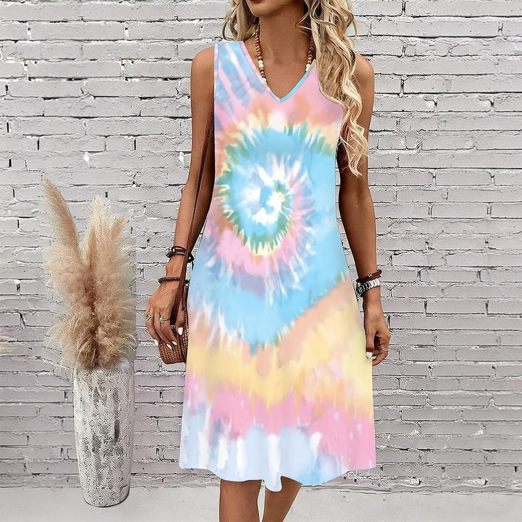 Plus Size V Neck Sleeveless Dress Sun Dappled Stream Forest Print For Afternoon Garden Leisure