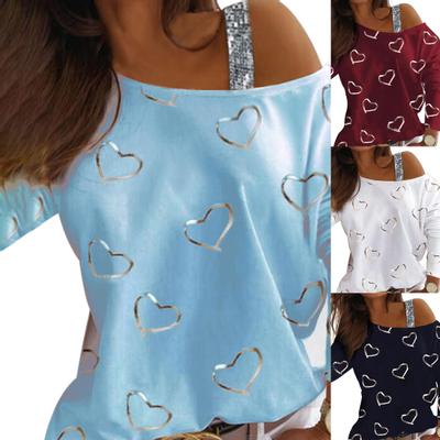 Damska bluzka z długim rękawem w kształcie serca, nadruk w kolorze złotym, błyszczące cekiny, jedno ramię, T-shirt, sweter