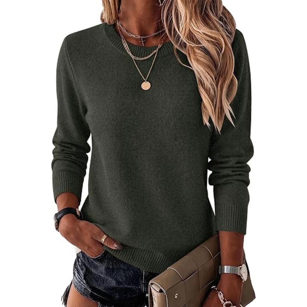 Women's Fashion Crewneck Long Sleeve Knit Sweater Color Versatile Pullover for Fall and Winter