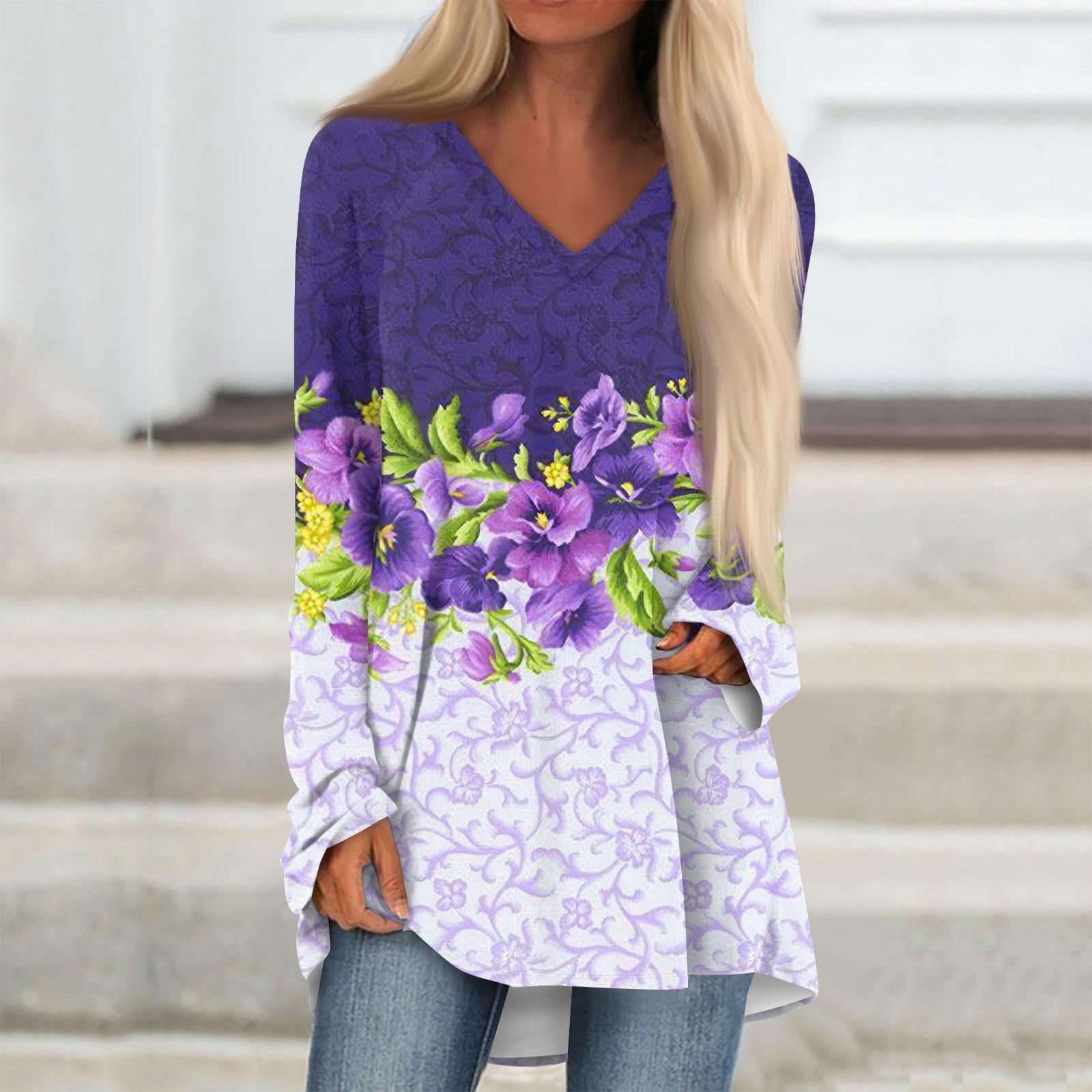 

Женская повседневная длинная свободная футболка с длинными рукавами и v-образным вырезом с цветочным принтом L фиолетовый