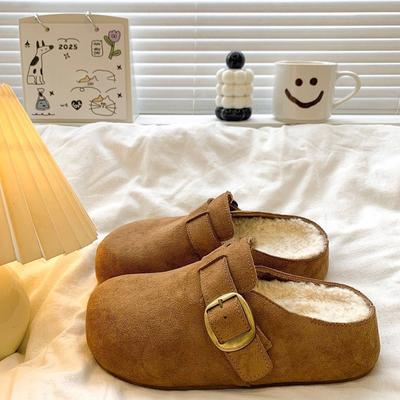 Thick-soled Birkenstocks with Velvet Bag Head Mop Autumn and Winter New Retro and Comfortable Versatile Bag Head and Half Slippers for External Wear