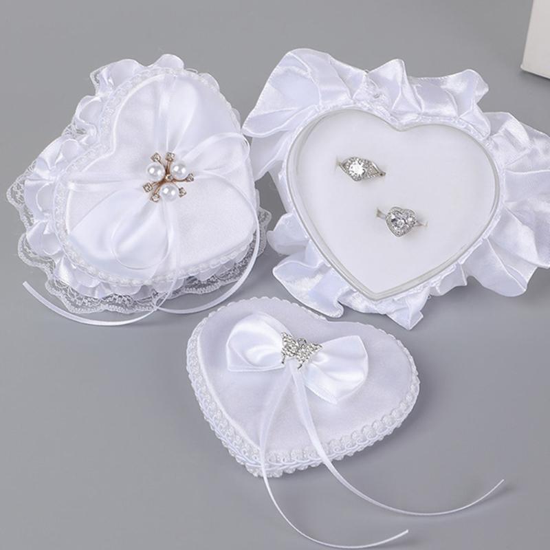 Wedding Rings Holder With Pearls Decors Soft Padding Bride Rings Box For Bridal Essential Ceremony Rings Organizer Case