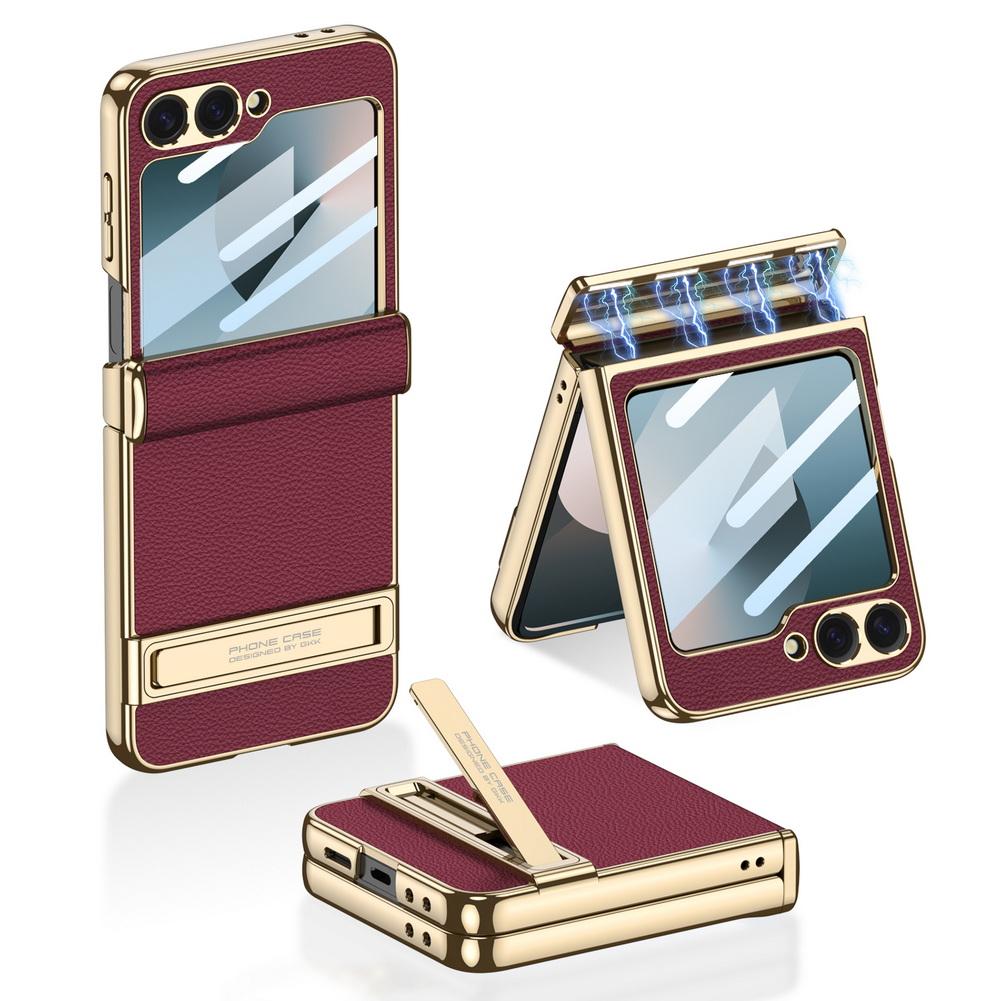 

Plain Leather Plating Frame Bracket Holder Case for Samsung Z Galaxy Flip 7 FE 6 5 5G with Glass Protective Film Protect Cover Galaxy Z Flip 7 FE вина червоного кольору
