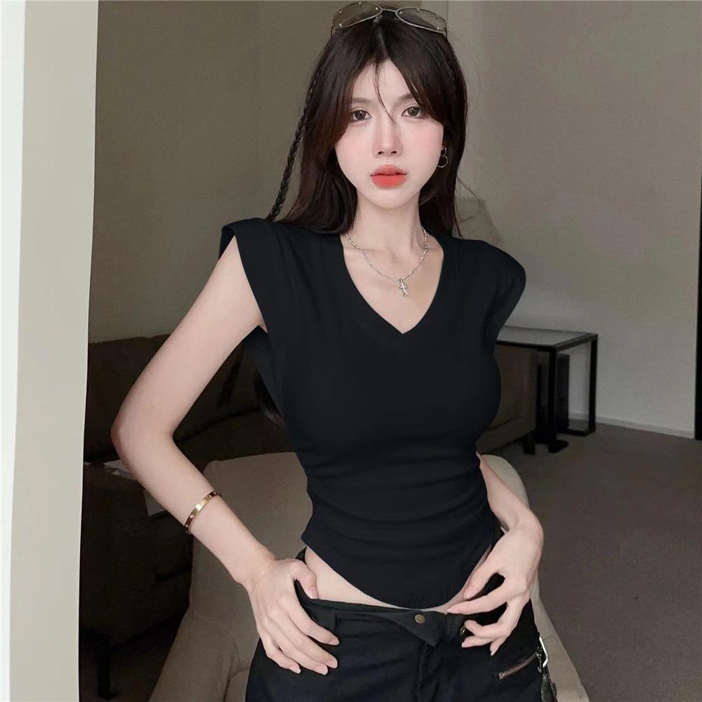 French Slim Fit and Thin Shoulder V-neck T-shirt Pure Desire Sexy Babes Versatile Fashion Chic Small Fly Sleeve Top Ins