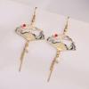 1 Pair Women Earrings Fan Crane Asymmetry Jewelry Animal Pendant Faux Pearl Painted Hook Earrings for Dating
