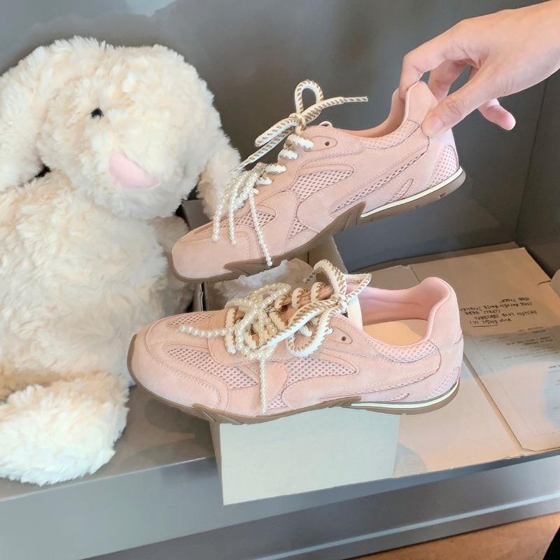

Cowhide version of girlish pearl double shoelaces casual ballet style women s sports and leisure shoes 35
