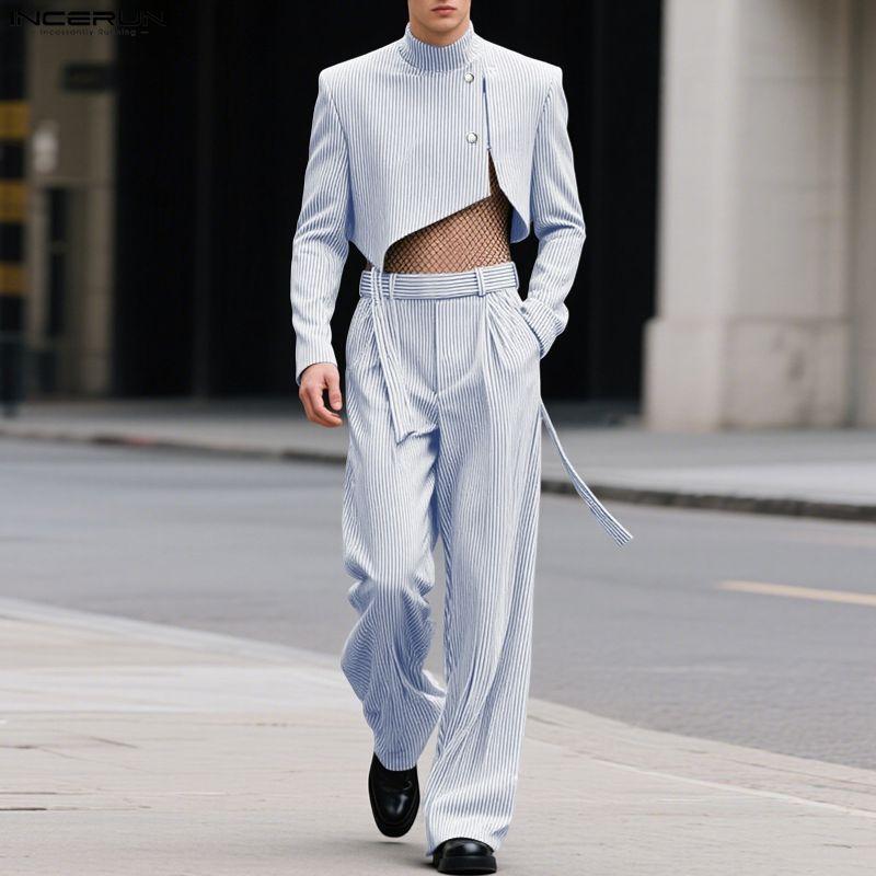 INCERUN Herren Outfits Stehkragen Gestreifte Langarm Crop Tops Reißverschluss High Waist Lange Hosen Sets