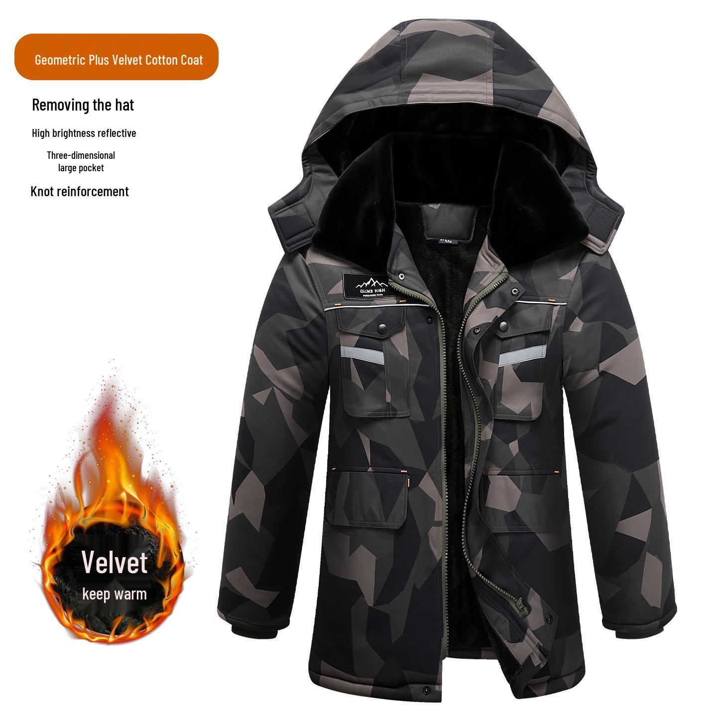 

Windproof Winter Camouflage Cotton Jacket with Fleece Lining - Thick, Cold-Resistant, Mid-Length Workwear Coat 185 [160-180 jin]