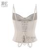 Women Khaki Contrast Pu Leather Panel Spaghetti Strap Boned Corset Top