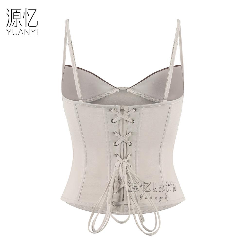 Women Khaki Contrast Pu Leather Panel Spaghetti Strap Boned Corset Top