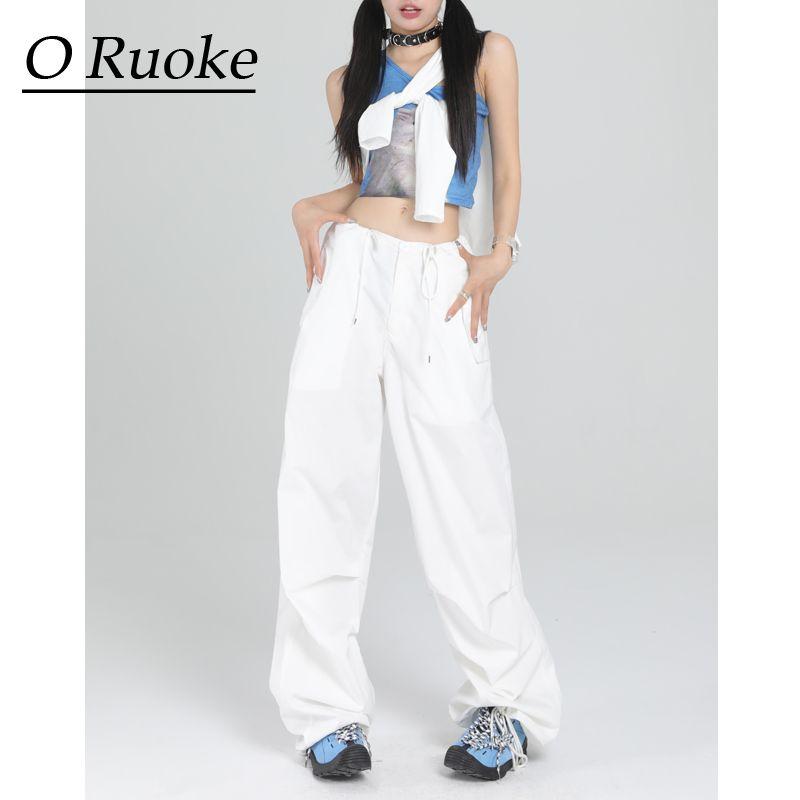 

White Straight-Cut Drawstring Overalls Women s American Sexy High Street Casual Parachute Pants Slim Looking Wide Leg Track Pants Tide White pants XS