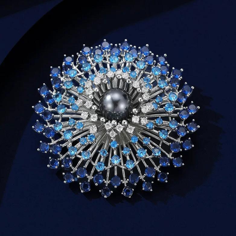 Full Diamond Fireworks Brooch, Large Pearl Brooch, Unique Design Pin