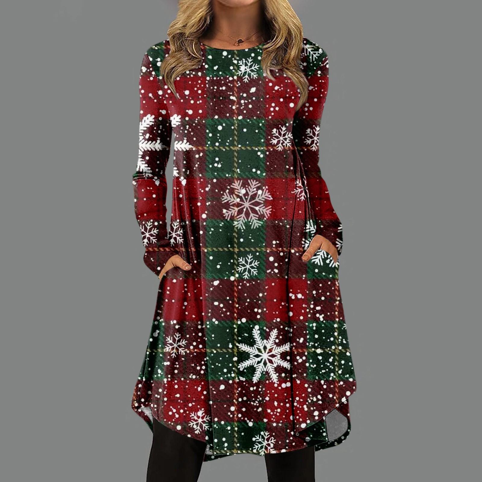 

Women s Fashion Casual Christmas Printed Round Neck Pullover Loose Long Sleeve Dress XL