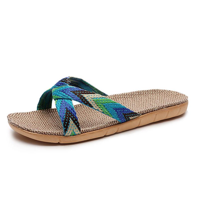 

Ручная работа Нескользящие льняные тапочки для мужчин и женщин - Прохладная летняя домашняя обувь 40-41 синий