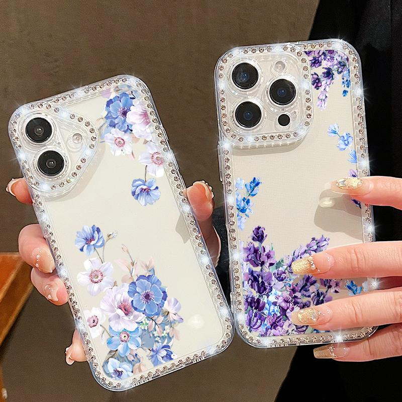 Flower Pattern Clear Soft Silicone Case For iPhone 16E 16 Pro Max 15 Pro 14 13 12 11 Diamond Frame Shockproof Transparent Phone Cover