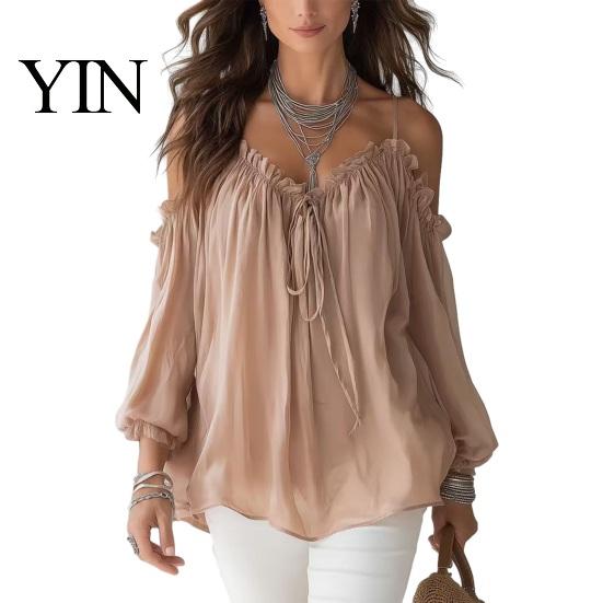 Top Camicie Casual da Donna per Tutti i Giorni, Camicia a Maniche Lunghe Puff con Vestibilità Larga, Pullover Sling Senza Spalle Traspirante a Colore Puro per Lavoro Feste