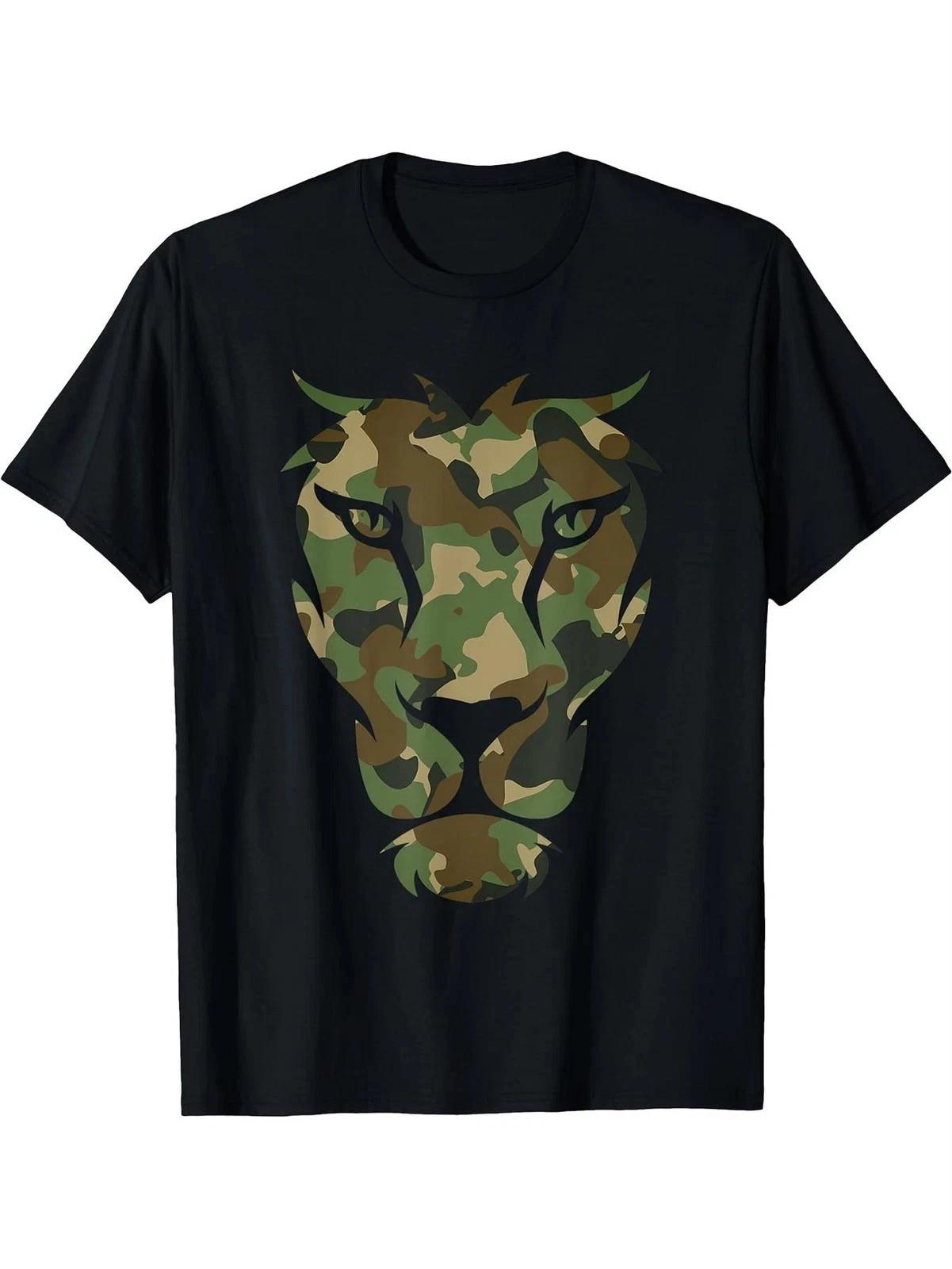 Camo Lion Head Graphic T- Shirt Military Camouflage Animal Print Tee M