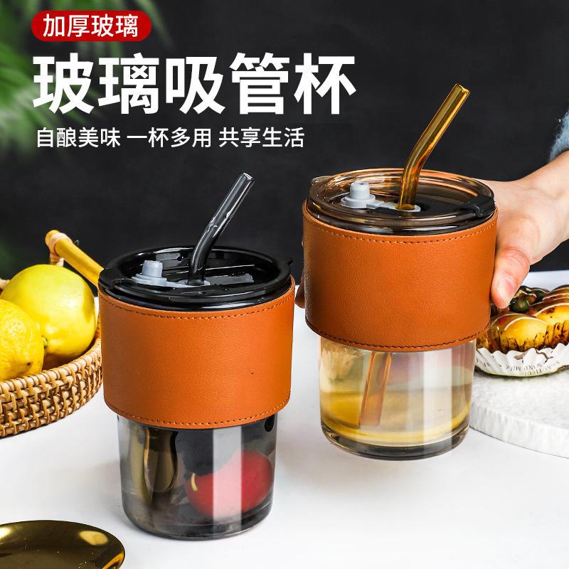 Bamboo Cup Creative Transparent Glass Straw Cup Portable Feng Shui Cup With Lid Milk Coffee Cup