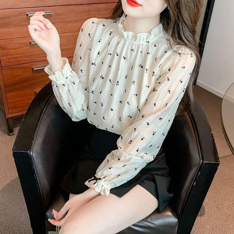 French Style Floral Chiffon Shirt for Women Spring Summer New Temperament Bottoming Blouse Sweet Long Sleeve Top