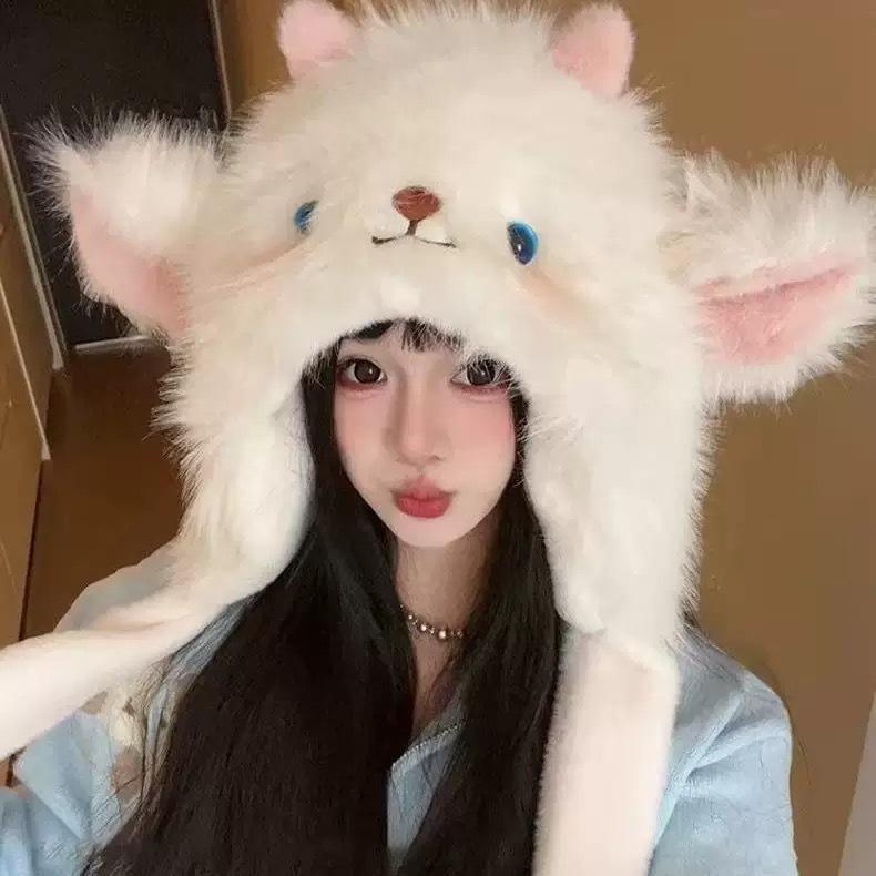 New winter plush hat for women with moving ears, cute, thick, fluffy, warm, cold-proof, ear-protecting, trendy Lei Feng hat