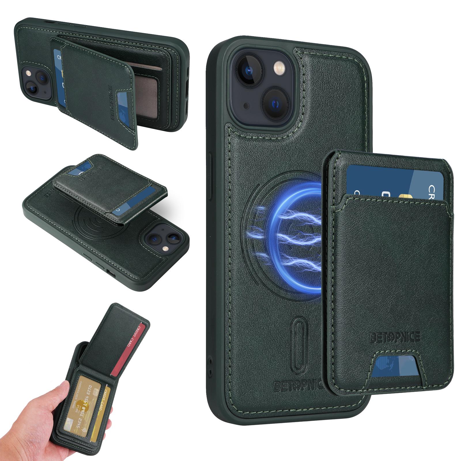 

For iPhone 14/iPhone 13 6.1 inch Magnetic Case BETOPNICE RFID Blocking Leather Phone Back Cover with Detachable Card Bag Green