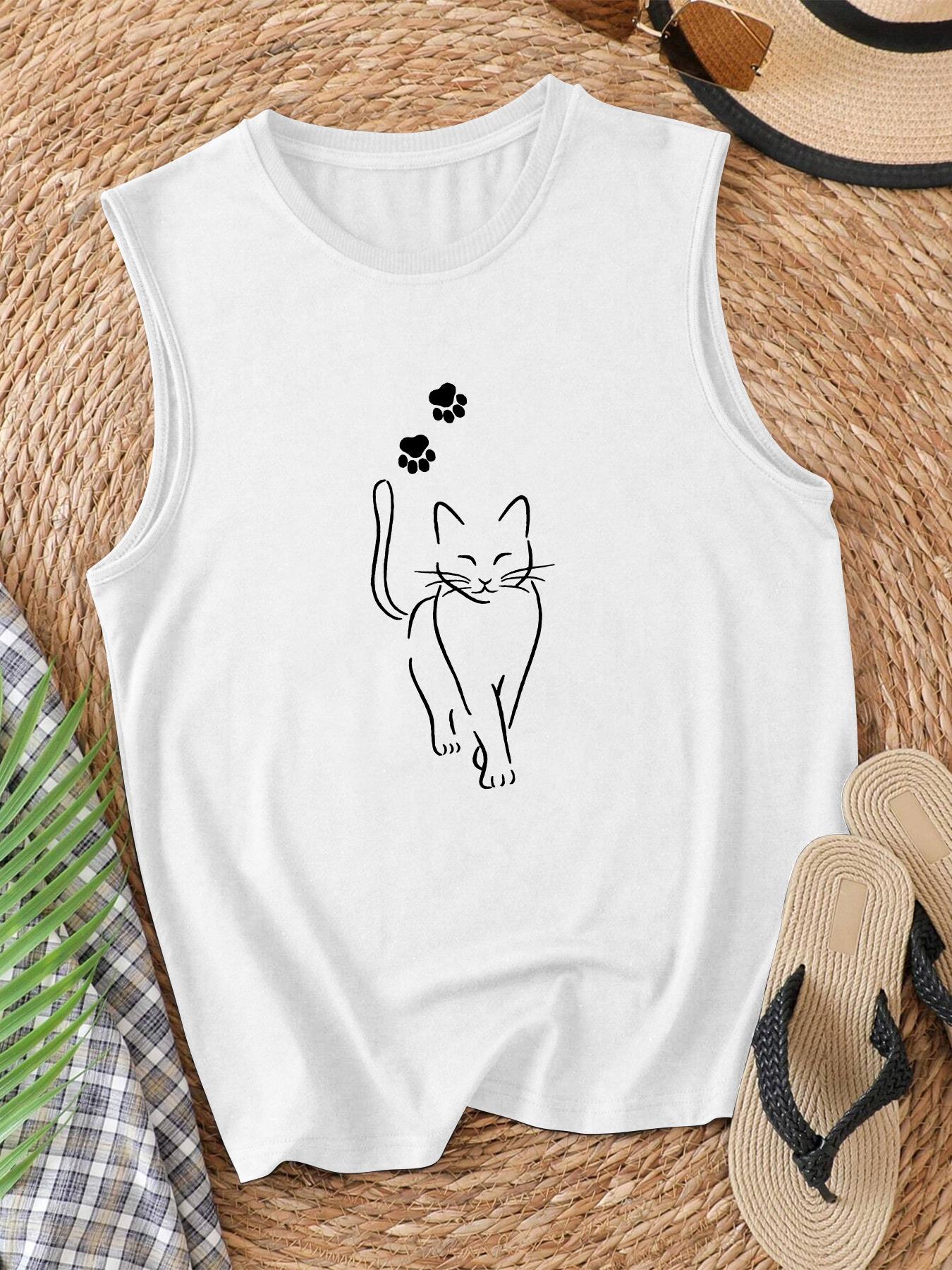 

Cat Print Tank Top Sleeveless Casual Top For Summer & Spring Women s Clothing XL