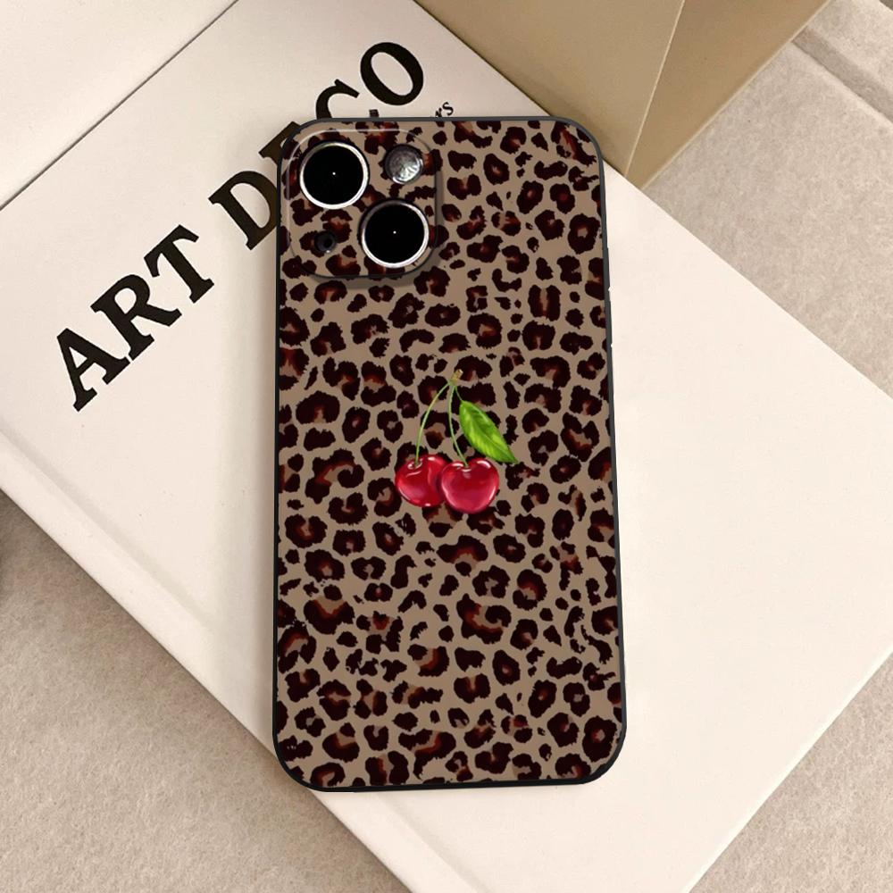 Leopard Print Cherry Star Phone Case FOR IPhone 15 Pro Max 14 11 12 Pro 15 16 Plus 13 Pro MAX XR XS Black Soft Covers