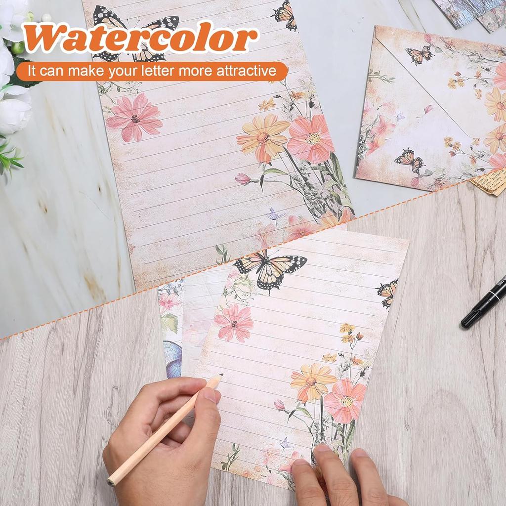 Colored Vintage Stationary Letter and Envelopes Set, Floral Butterfly Stationary Paper 30 Pcs Letter Papers 15 Pcs Colored Envelopes, 20 Round Dot