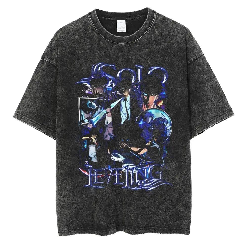 Hot Summer Anime Solo Leveling Sung Jin Woo Print T-shirt Women High Quality Washed Cotton T-shirts Harajuku Plus Size T Shirt