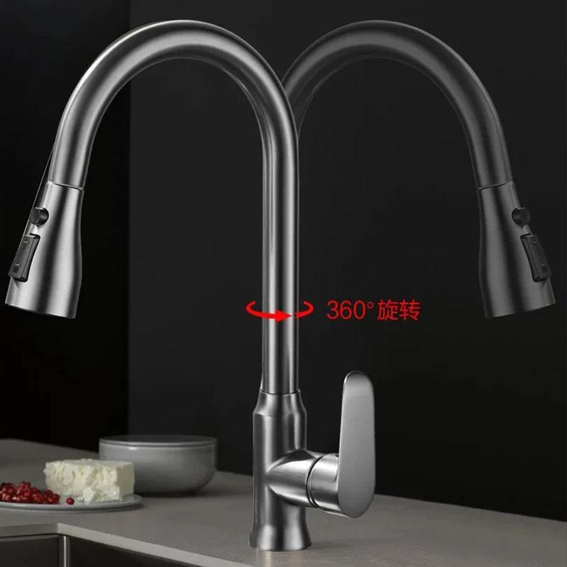 Brushed Gray Kitchen Sink Faucet Pull Down Sprayer 360 Rotate Kitchen Tap Single Lever Mixer Tap With 2 Water Modes