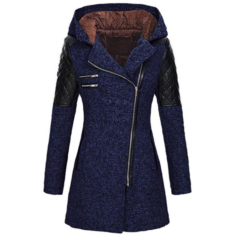 Women Hooded Mid Length Warm Windbreaker Coat with Oblique Zipper Woolen