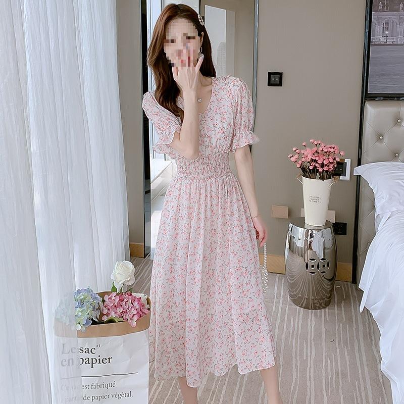 Short-sleeved Chiffon Dress Children's Korean Version Summer New Ins Super Fairy V-neck Mori Wind Floral Fairy Medium and Long Dress