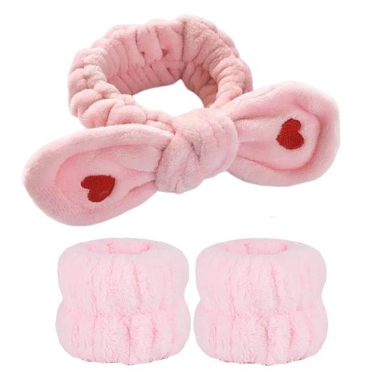 2Pcs/Set Women Spa Headband Wristband Set Bowknot Decor Flannel Face Wash Shower Hairband Waterproof Wristband Set