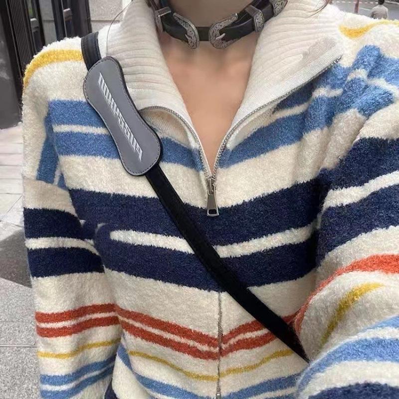 

Ретро-ниша Радужный узор Двойная открытая молния Кардиган с воротником-лацканом Свободный ленивый ветровой свитер для женщин Удобный, универсальный и модный One size